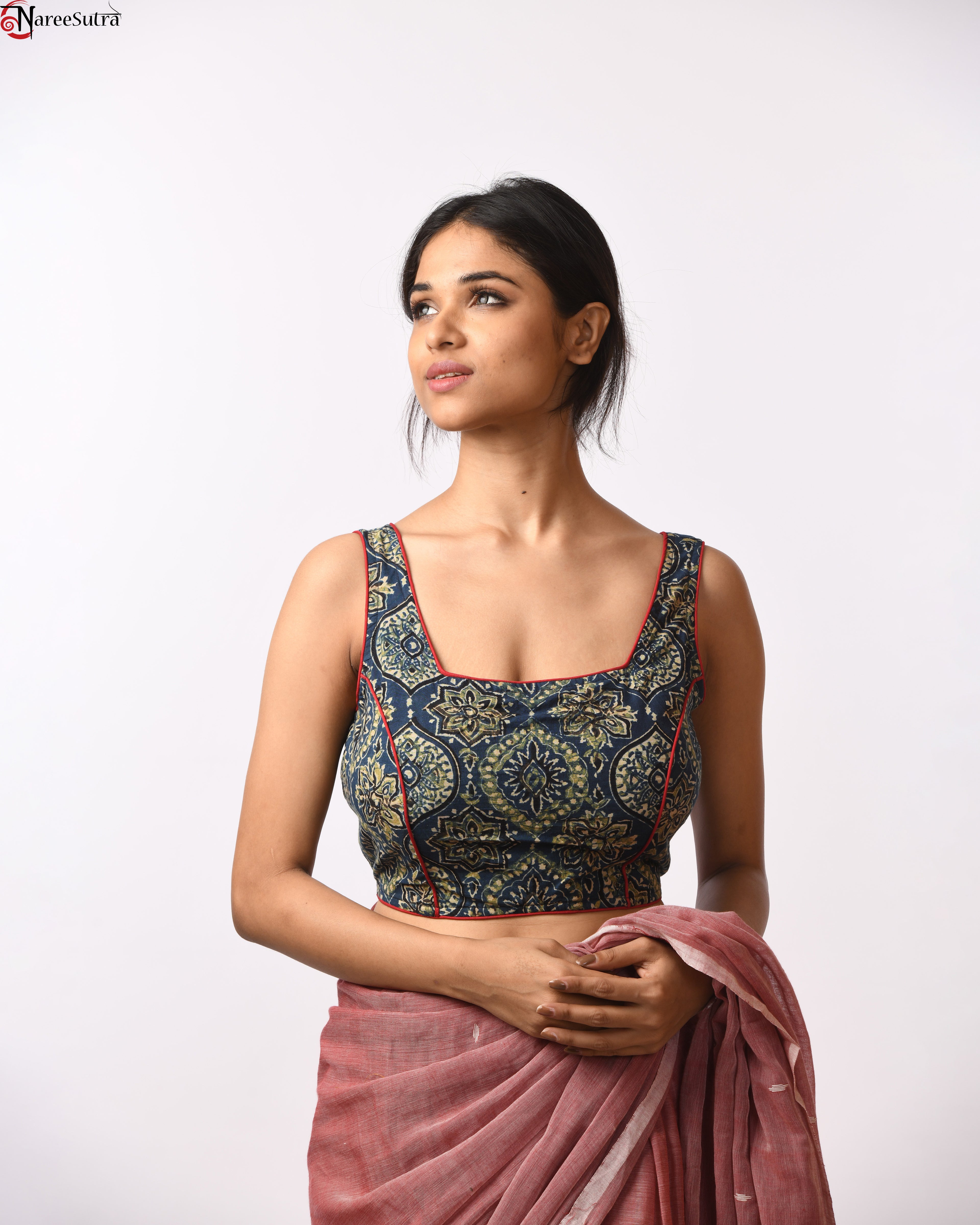 Ajrakh Sleeveless Cotton Blouse with Ribbon